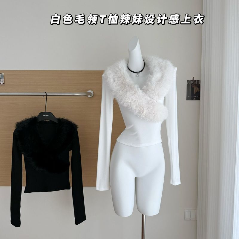 0122stepll梦回千禧年 白色毛领T恤女修身气质辣妹设计感长袖上衣