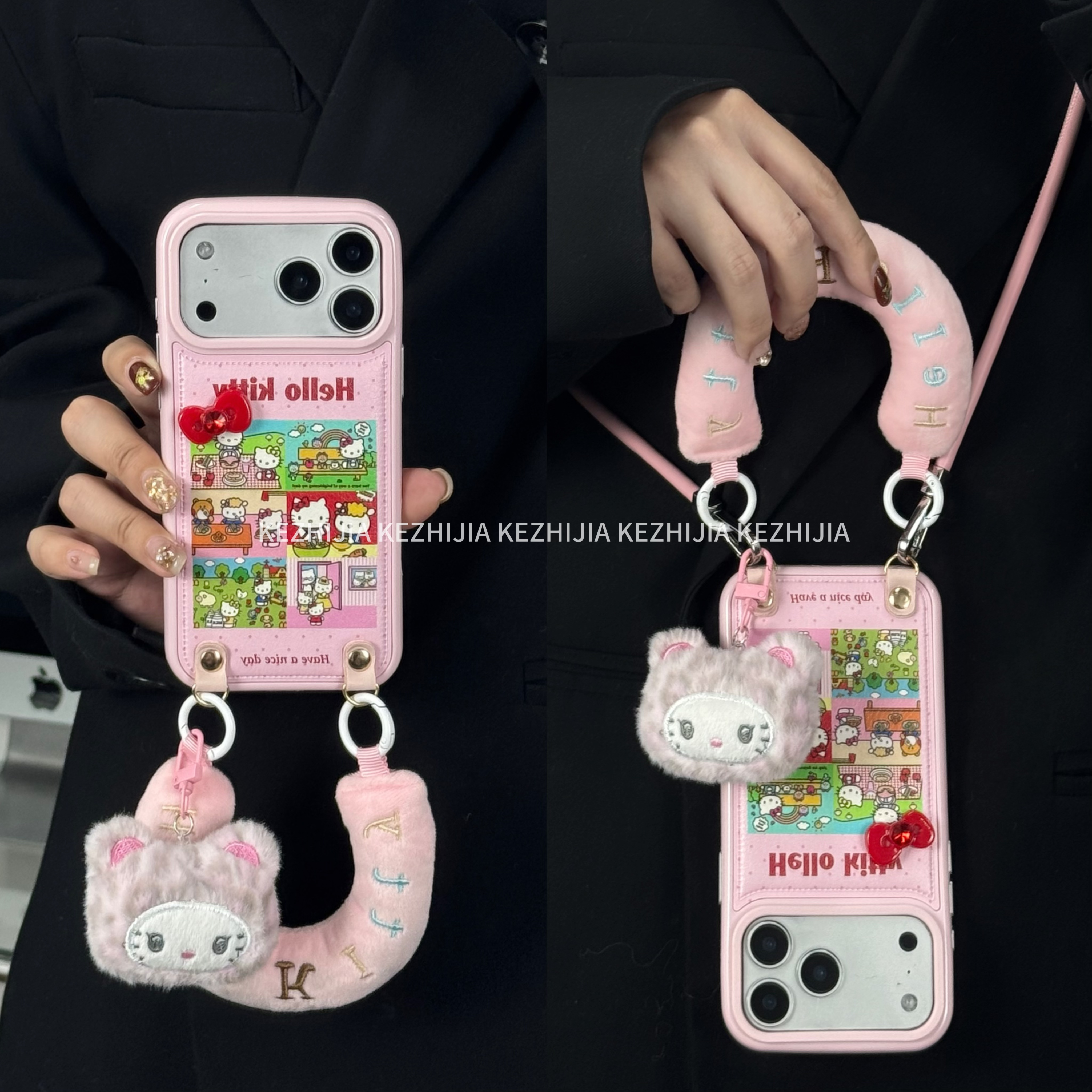 【壳之】野餐游玩KT红色蝴蝶结皮纹适用苹果17/16/15/14/13手机壳