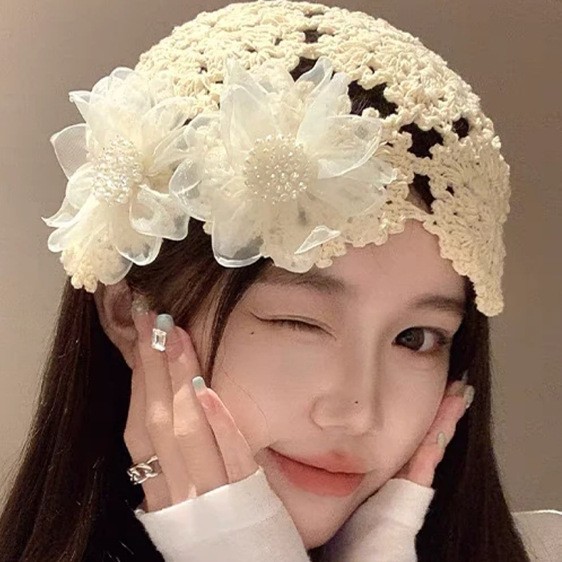 薄款春夏镂空珍珠帽子气质花朵包头帽编织头巾帽文艺优雅百搭女