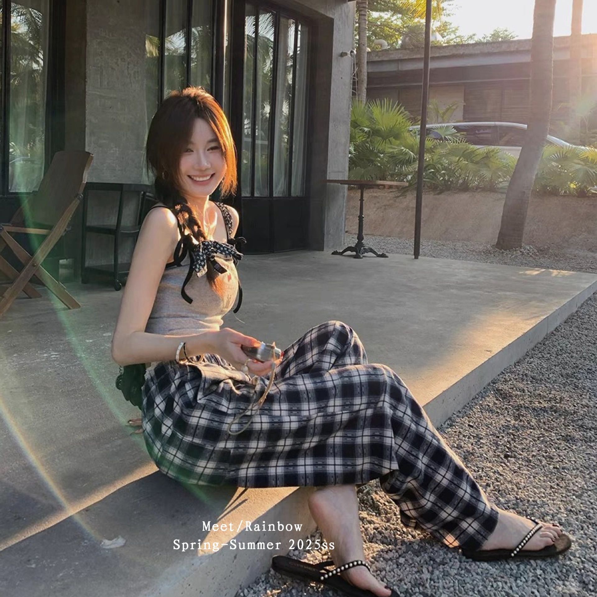 黑白格子阔腿蕾丝花边休闲裤显瘦时尚夏季薄款宽松MS5353