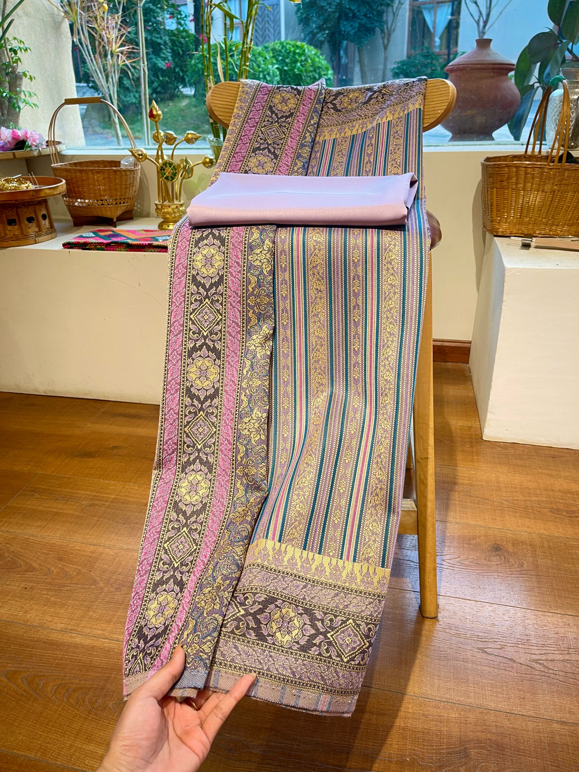 香芋紫泰国素可泰竖条纹套装（进口布料、非成品）显白气质女士傣装