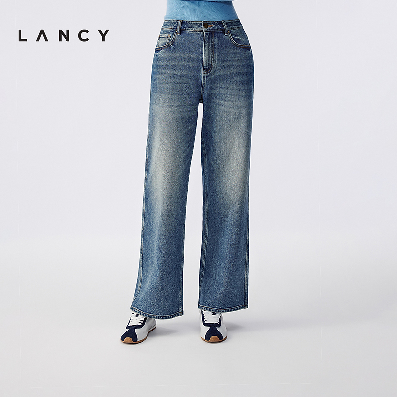 LANCY/朗姿【宋佳同款】2026微喇阔腿棉感水洗牛仔裤女简约休闲长裤