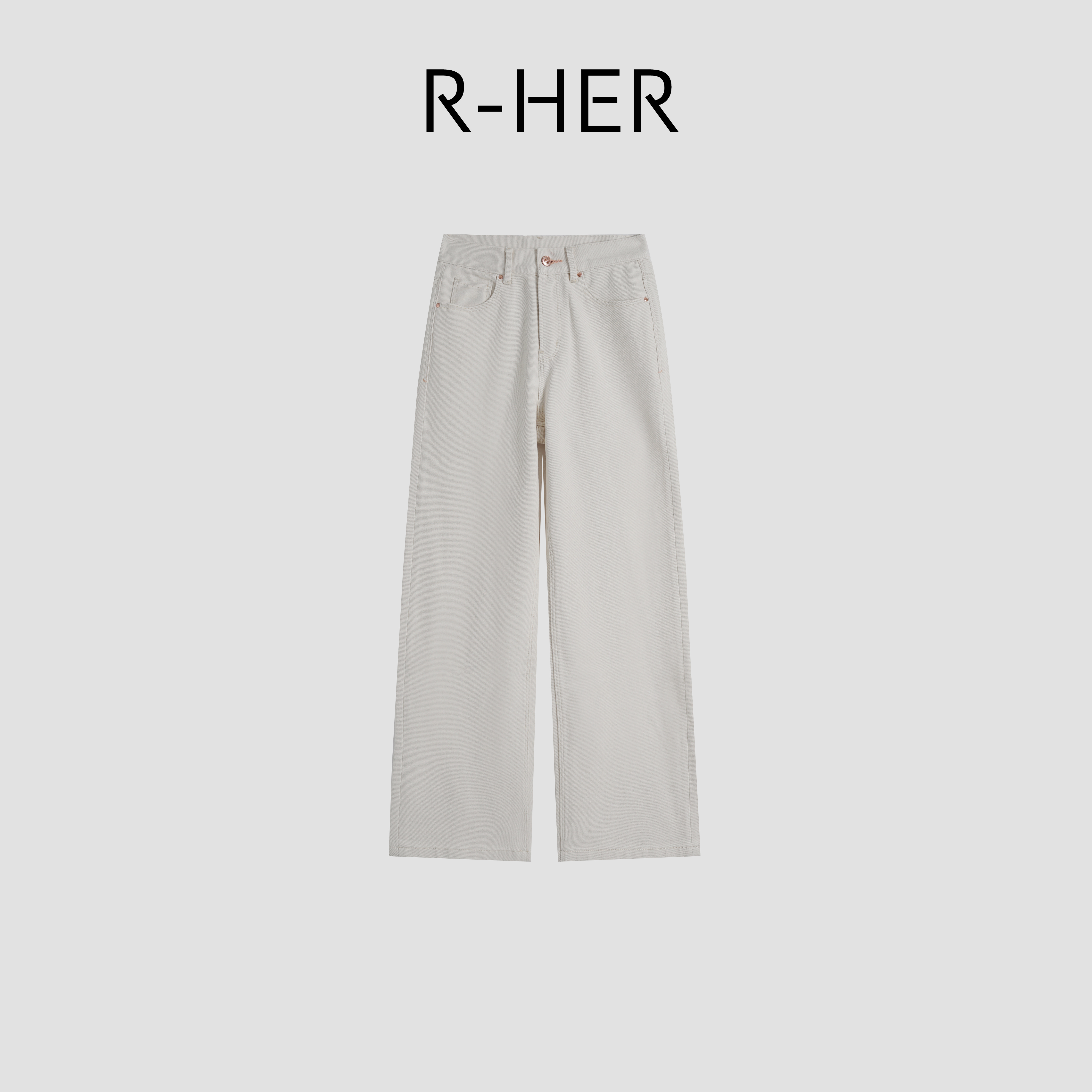 R-HER“通勤雾白”高腰长裤无弹厚款时尚水洗女简约风牛仔裤K0813