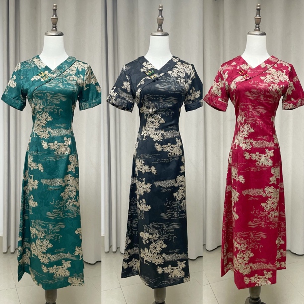 【531】122cm竹叶节节高时尚印花夏季旗袍裙
