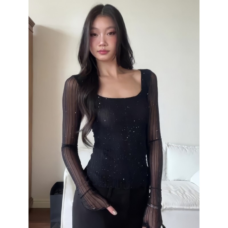 【现货+大爆款】胖mm亮片透感弹力网纱收腰纯欲修身显瘦长袖上衣女