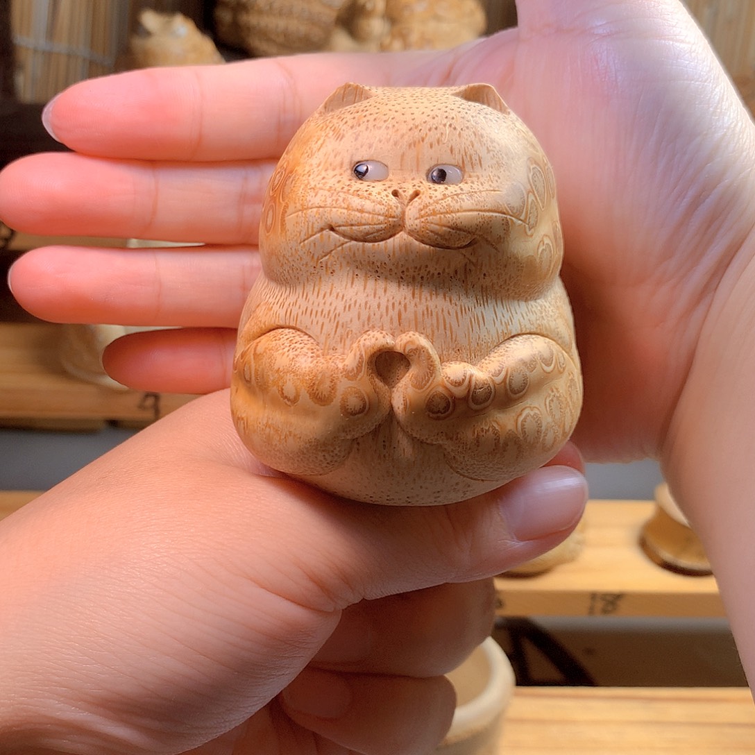我***米竹精工比心猫竹根雕手把件清版福利