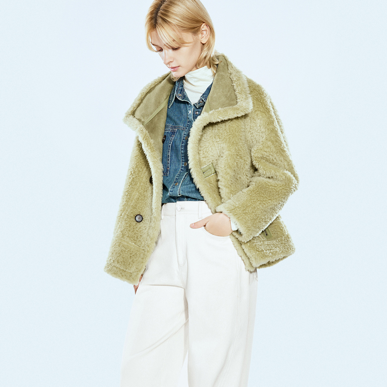 COVERINS冬季复古大翻领机车风绵羊毛外套CC64510020