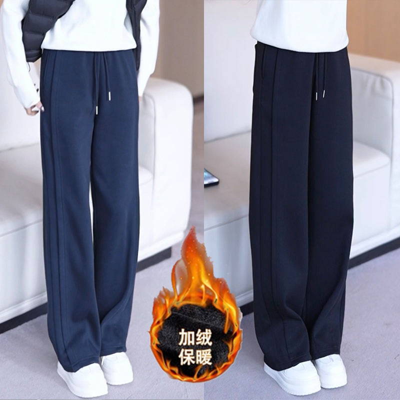 冬季新款藏青色舒适简约松紧腰线条宽松运动阔腿卫裤香蕉休闲裤女