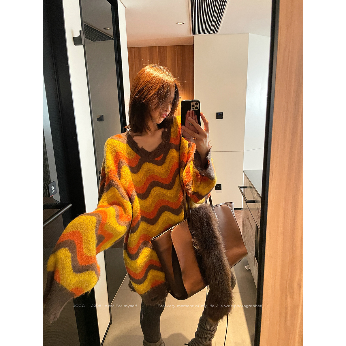 JCCC影子【落日熔岩】橘色羊毛马海毛波浪条纹破边套头毛衣JE5PZS17