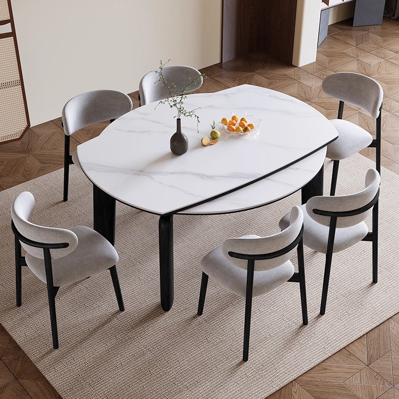 原木岩板餐桌家用小户型现代简约实木餐桌可伸缩折叠大象腿