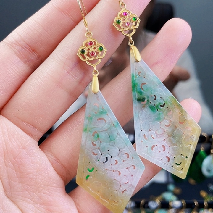 翡翠耳饰银S925镶嵌饰品