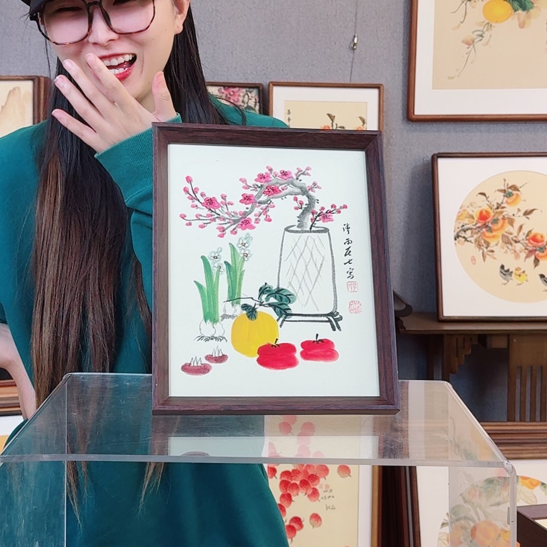 国画纯手绘，纯手写带框尺寸：23×29厘米