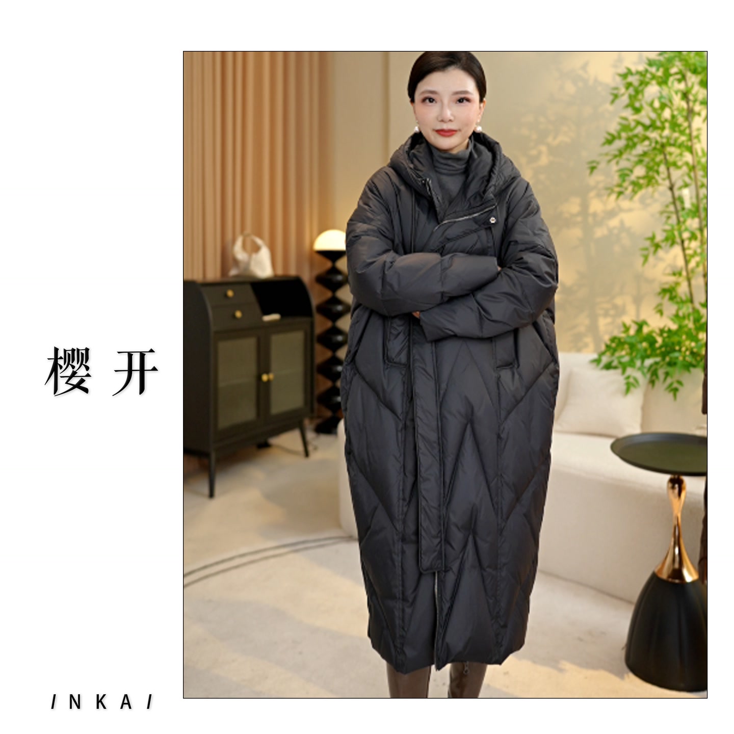 樱开（21018）国标级白鸭绒过膝中长款连帽羽绒服女冬季加厚保暖