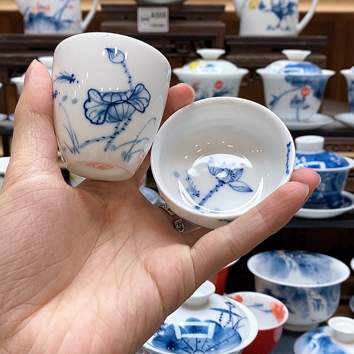 手绘荷花主人杯75cc➕客杯60釉下彩微瑕福利款