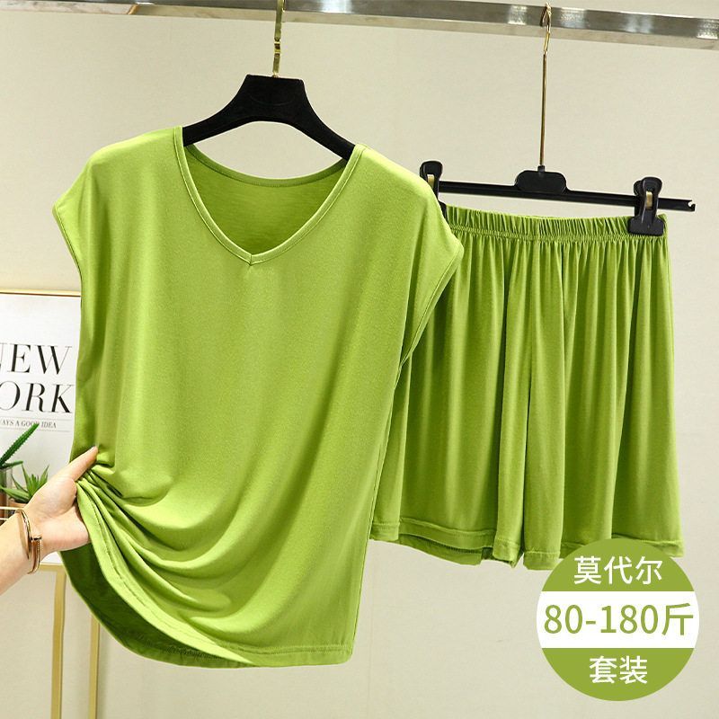 莫代尔无袖t恤女夏季宽松打底衫薄款居家睡衣大码上衣短裤两件装