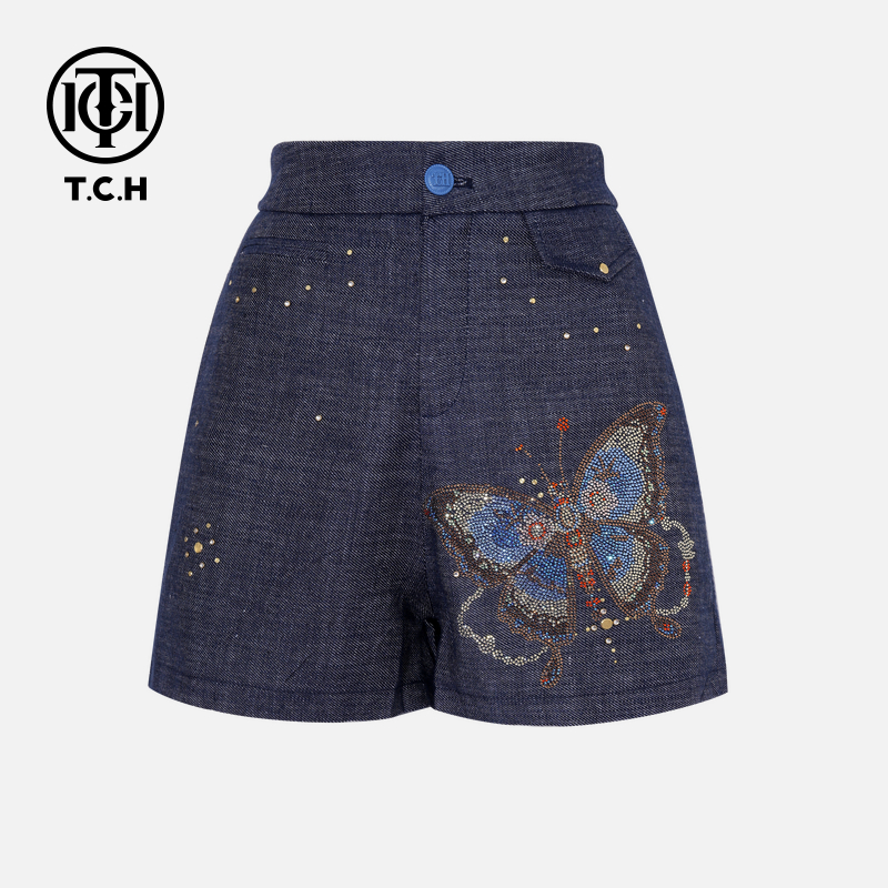 TCH轻奢烫钻工艺时尚休闲气质百搭蝴蝶短裤女T75B21E1006私服tch