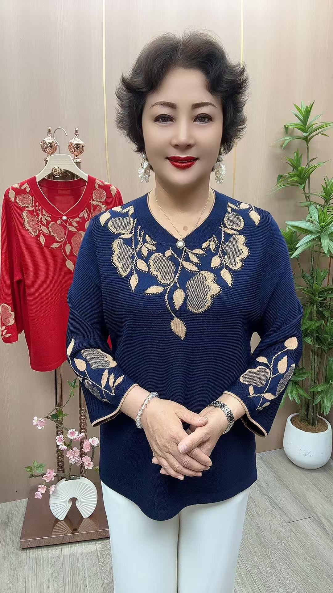 5#树叶 衣长65 中老年女装 早秋款时尚显瘦针织衫 毛衫