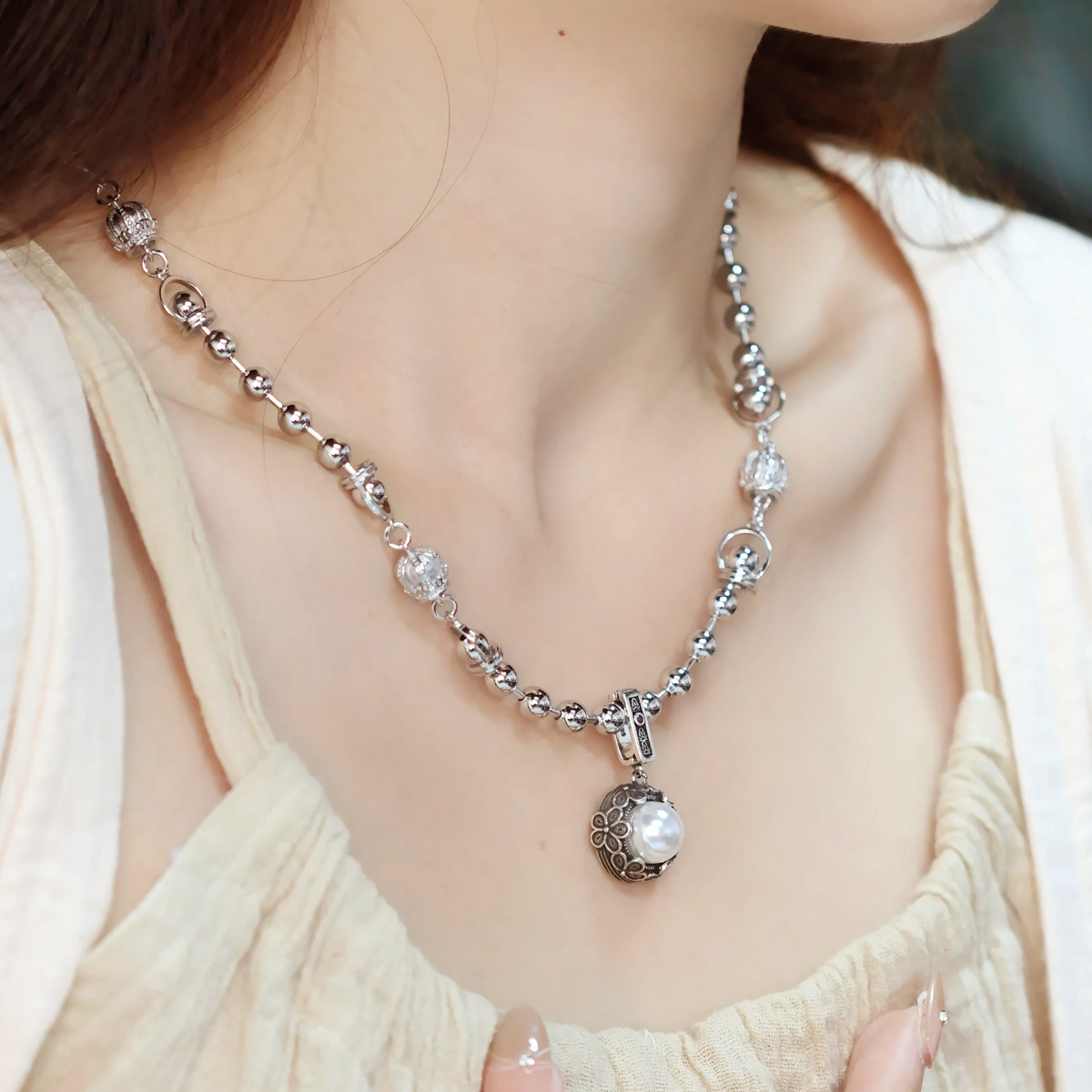 铜吊坠 繁花似锦 皇冠圆珠项链吊坠女新中式复古国风小众毛衣链