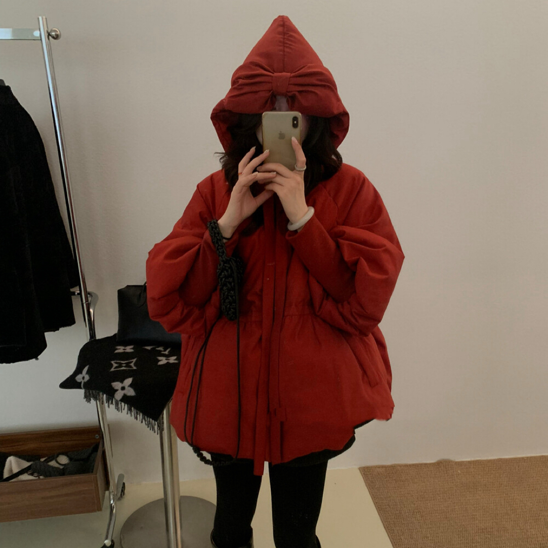 【张开心】小红帽～秋冬中长款蝴蝶结慵懒感连帽宽松加厚洋气外套