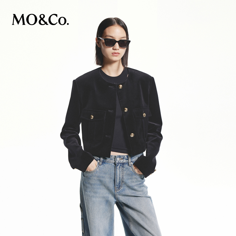 【陈嘉尔专属】MOCO秋奢光细绒短款箱型口袋夹克外套MBD3JKT015