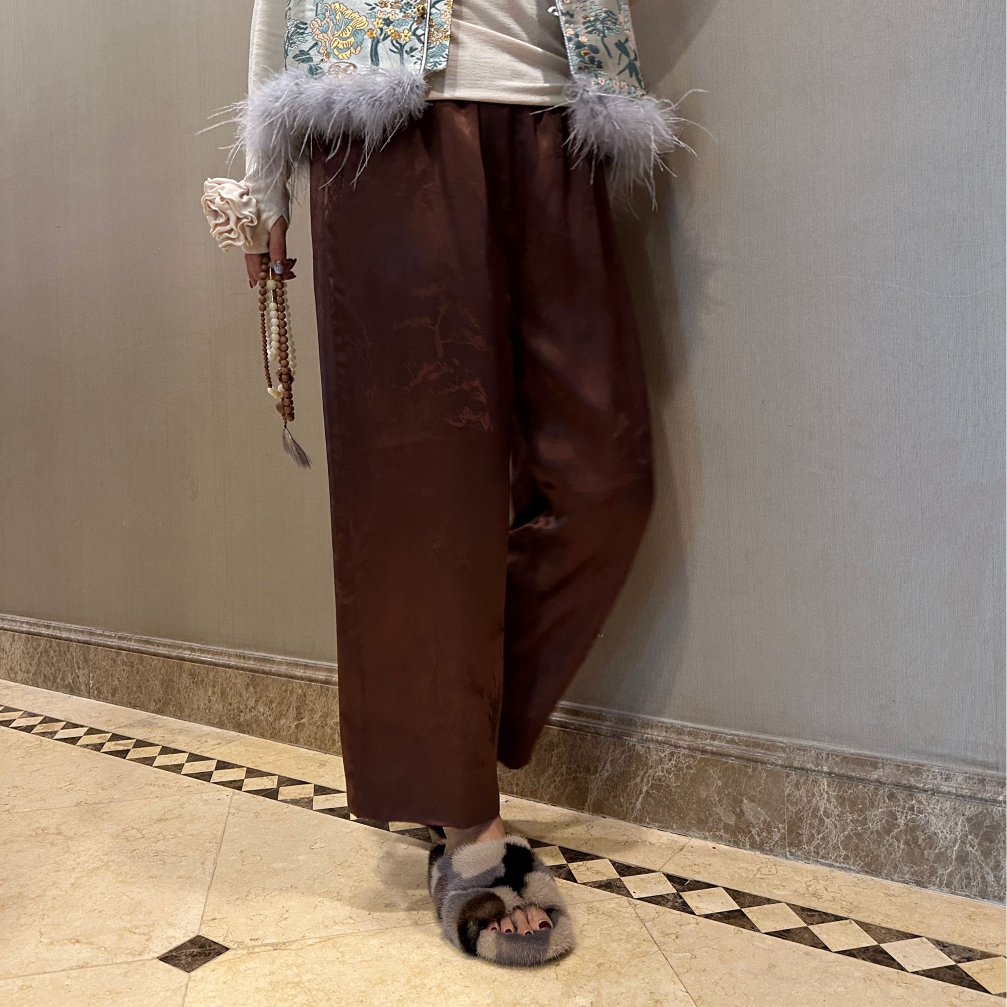 FL 3757｛锦•柔｝新中式光泽暗纹提花夹棉宽松百搭厚国风裤子 