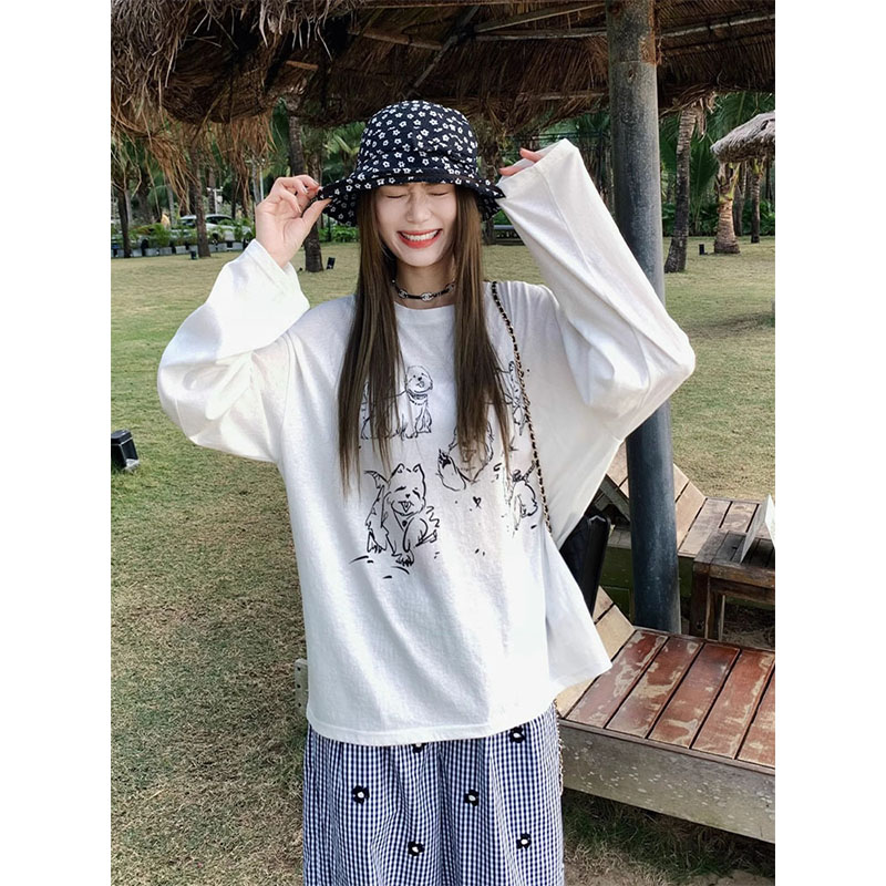 韩系慵懒卡通印花薄款长袖t恤女夏季宽松防晒罩衫大领口露肩上衣