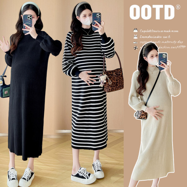 百搭新款秋宽松冬针织毛衣孕妇装加厚保暖过膝长款孕妇打底裙子