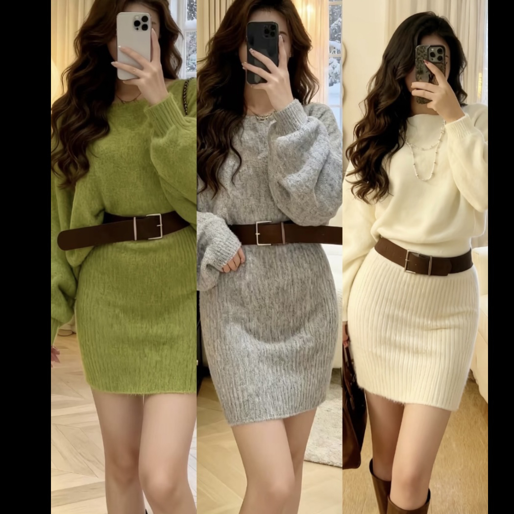 Rayhon秋季斜肩长袖包臀连衣裙营造秋日氛围感