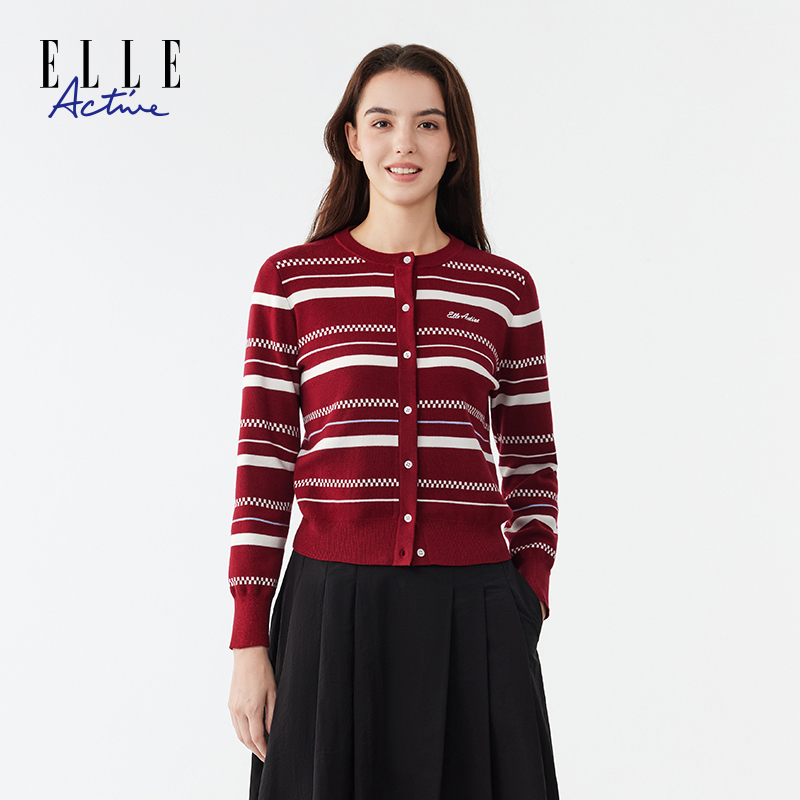 ELLE Active【含绵羊毛】经典条纹针织开衫百搭保暖休闲女上衣长袖