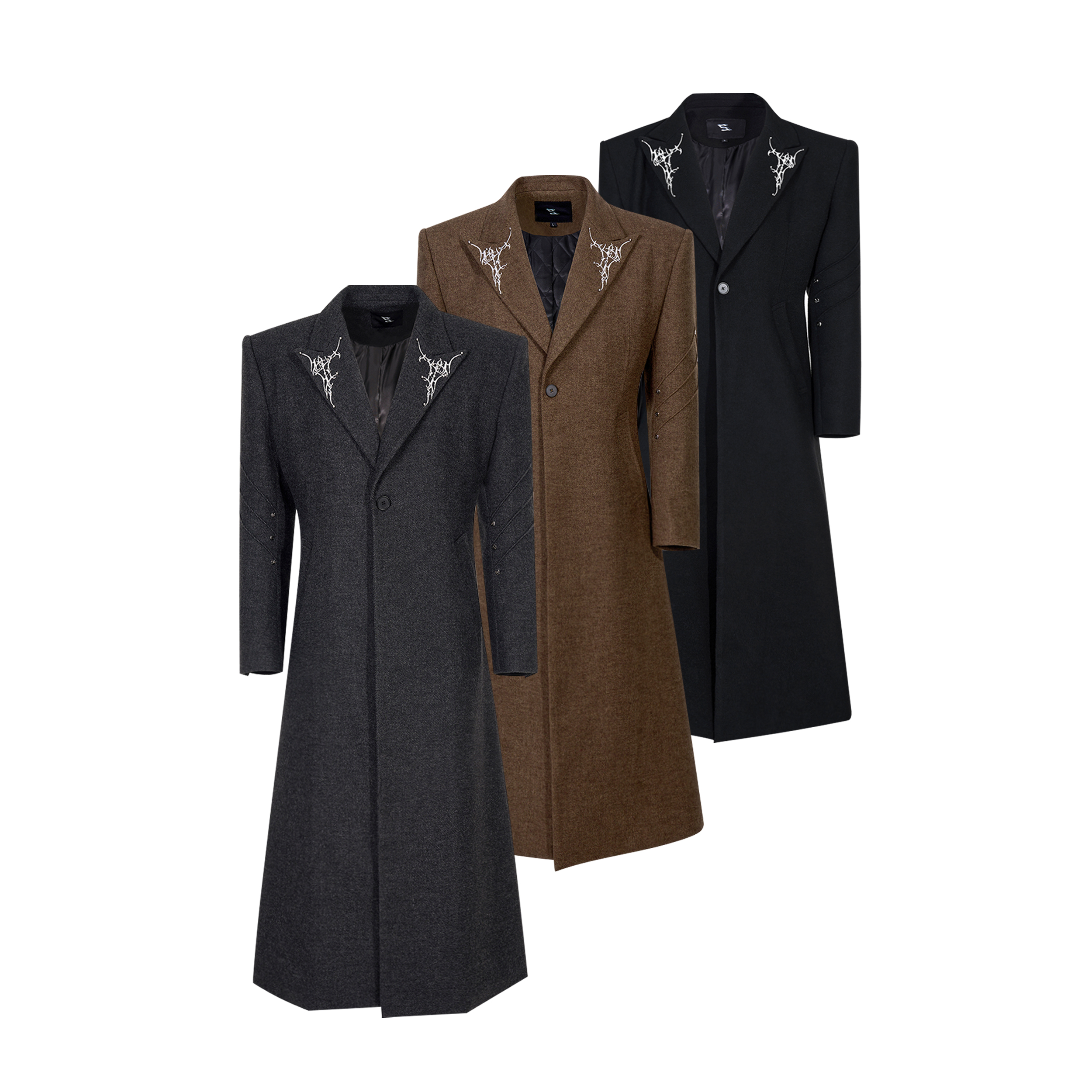 SEE高级感羊毛长款风衣男 冬季荆棘刺绣夹棉垫肩大衣男士西服大衣