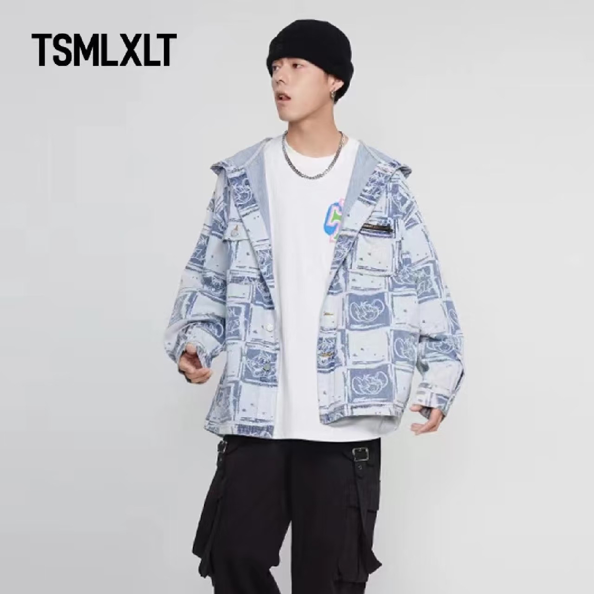 TSMLXlT猫和老鼠联名满印水洗秋季宽松连帽牛仔外套