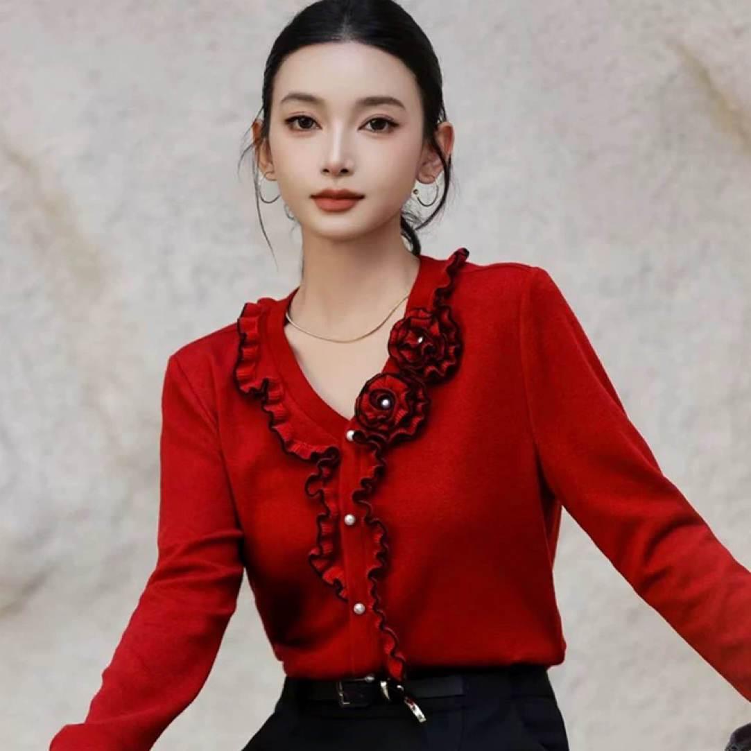 冬季V领立体花朵针织衫女木耳边上衣2773