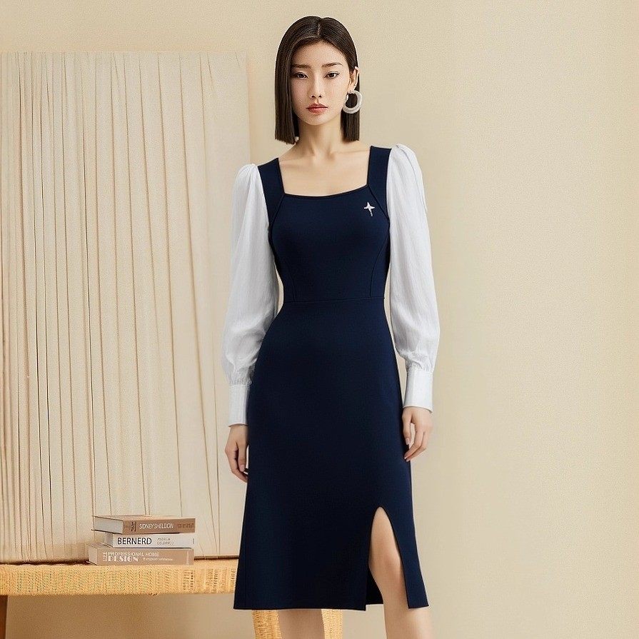 23WZQ1550伊华欧秀商场秋季衬衫袖针织连衣裙1689修身偏小1码