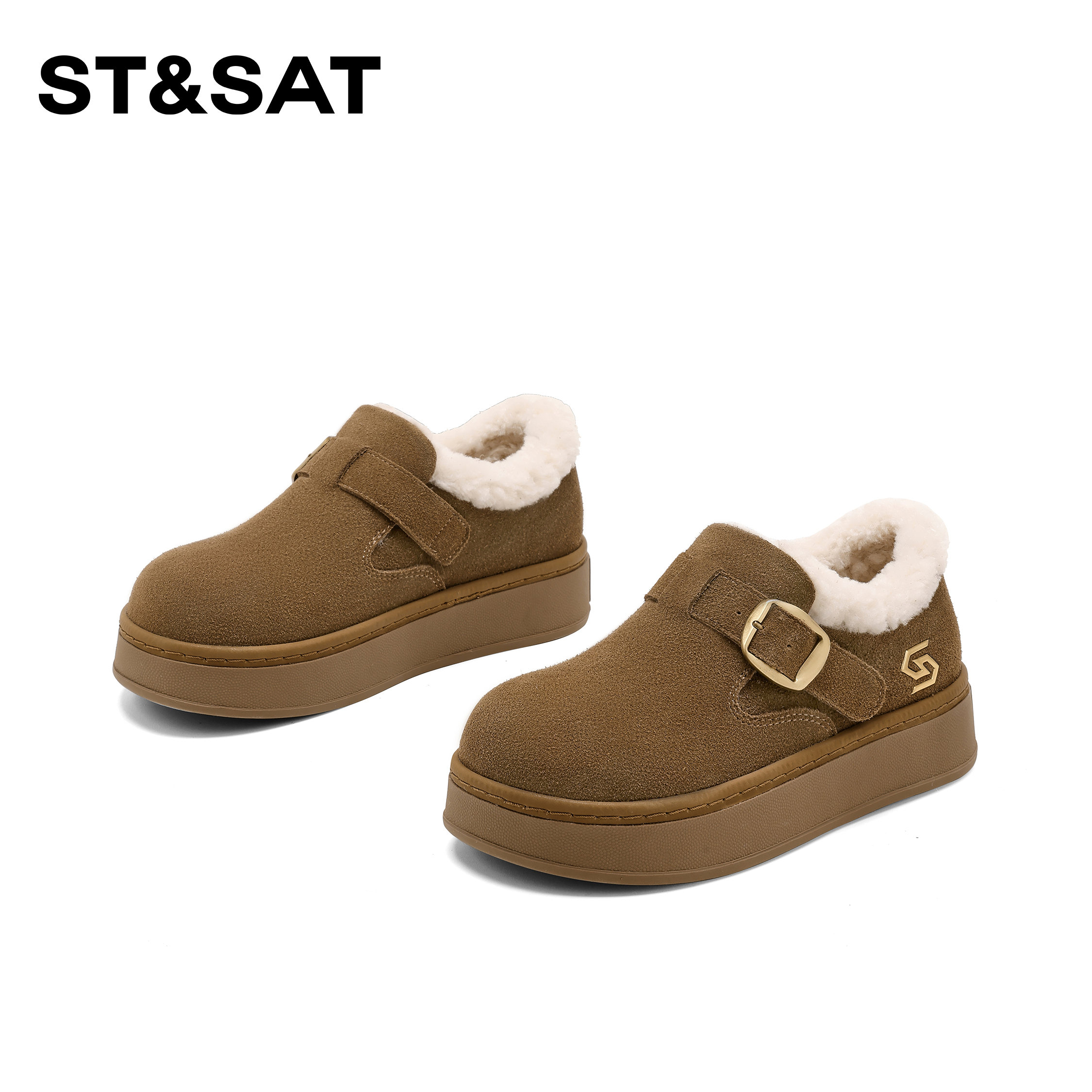 星期六真皮勃肯鞋女2025冬季新款时尚百搭舒适保暖加绒羊毛棉鞋爆