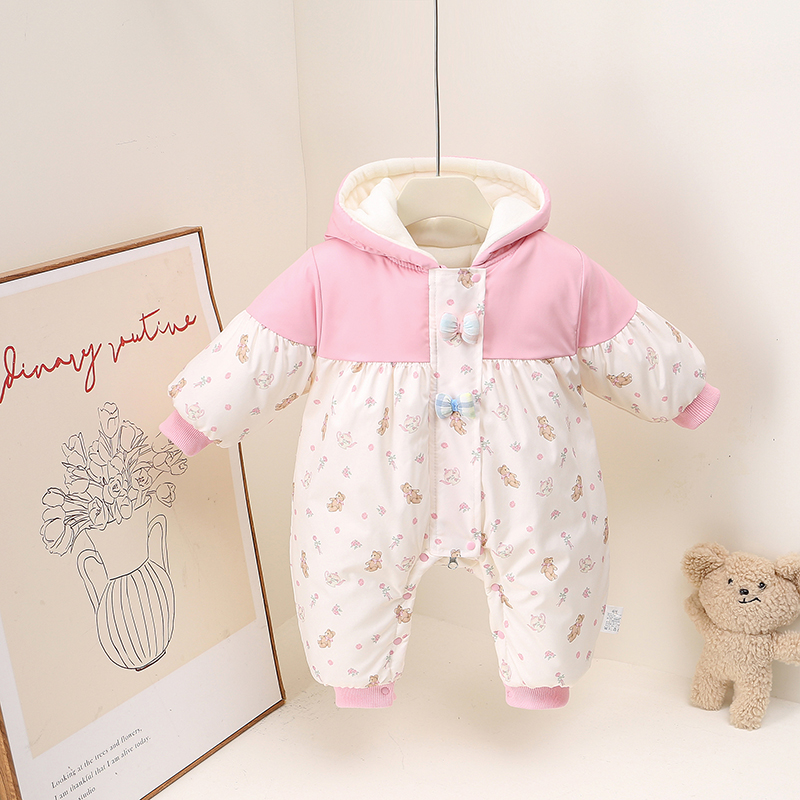 秋冬冬季女爬服定向兔耳朵厚棉哈衣连体衣宝宝加厚