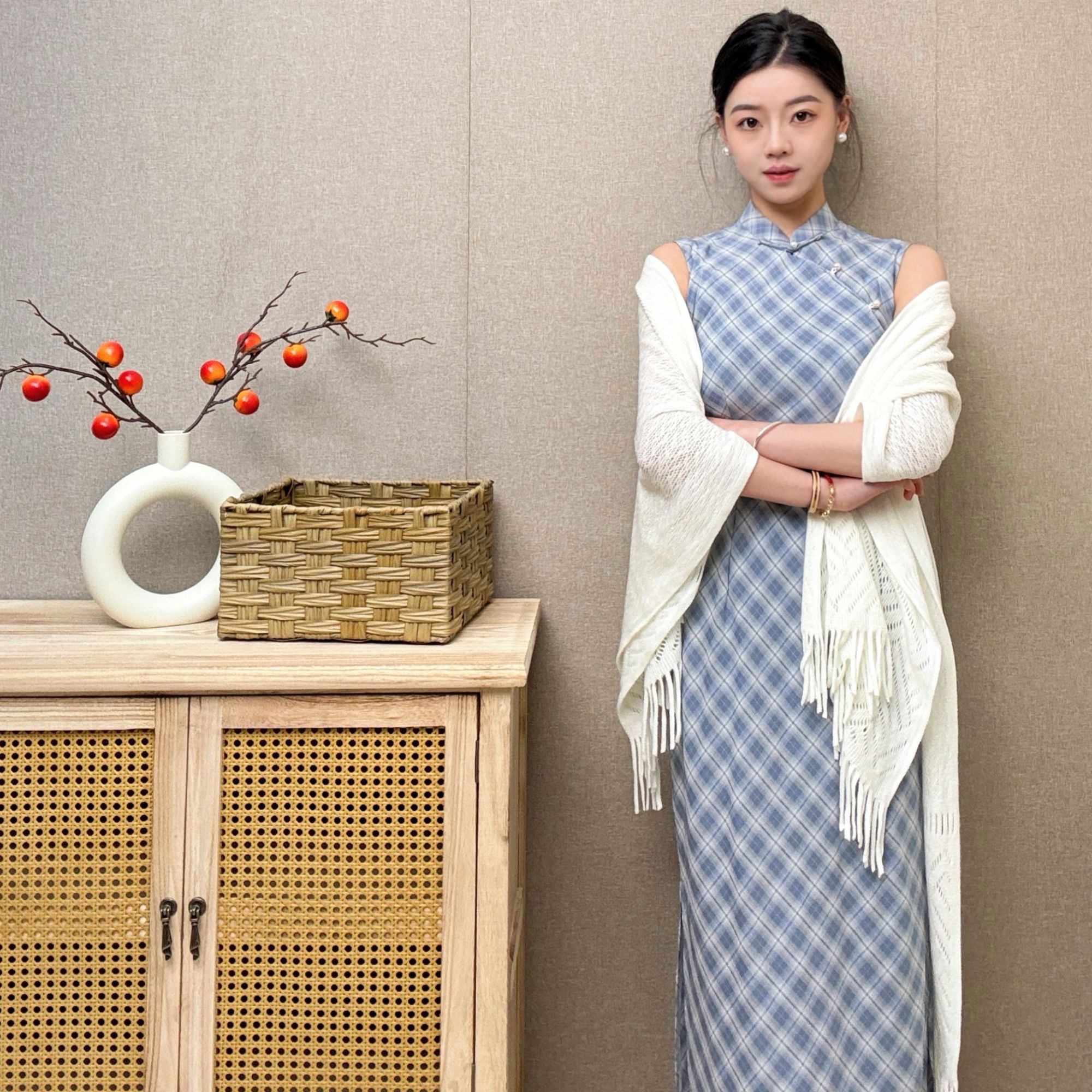 《蓝屿》气质针织时尚复古格子改良版文艺格纹显瘦旗袍长款冬季秋冬