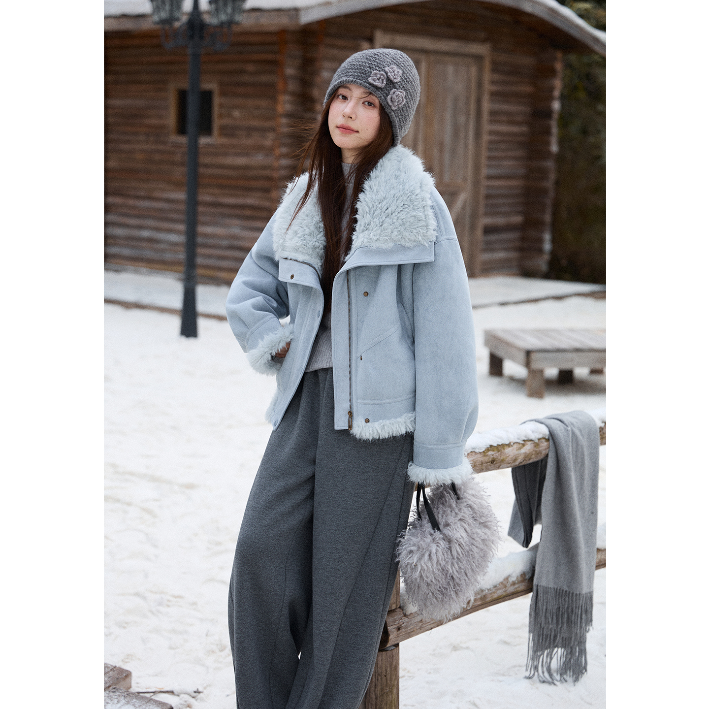 谜秀大毛绒翻领 皮毛一体外套冬灯笼袖复古宽松麂皮毛毛外套加厚