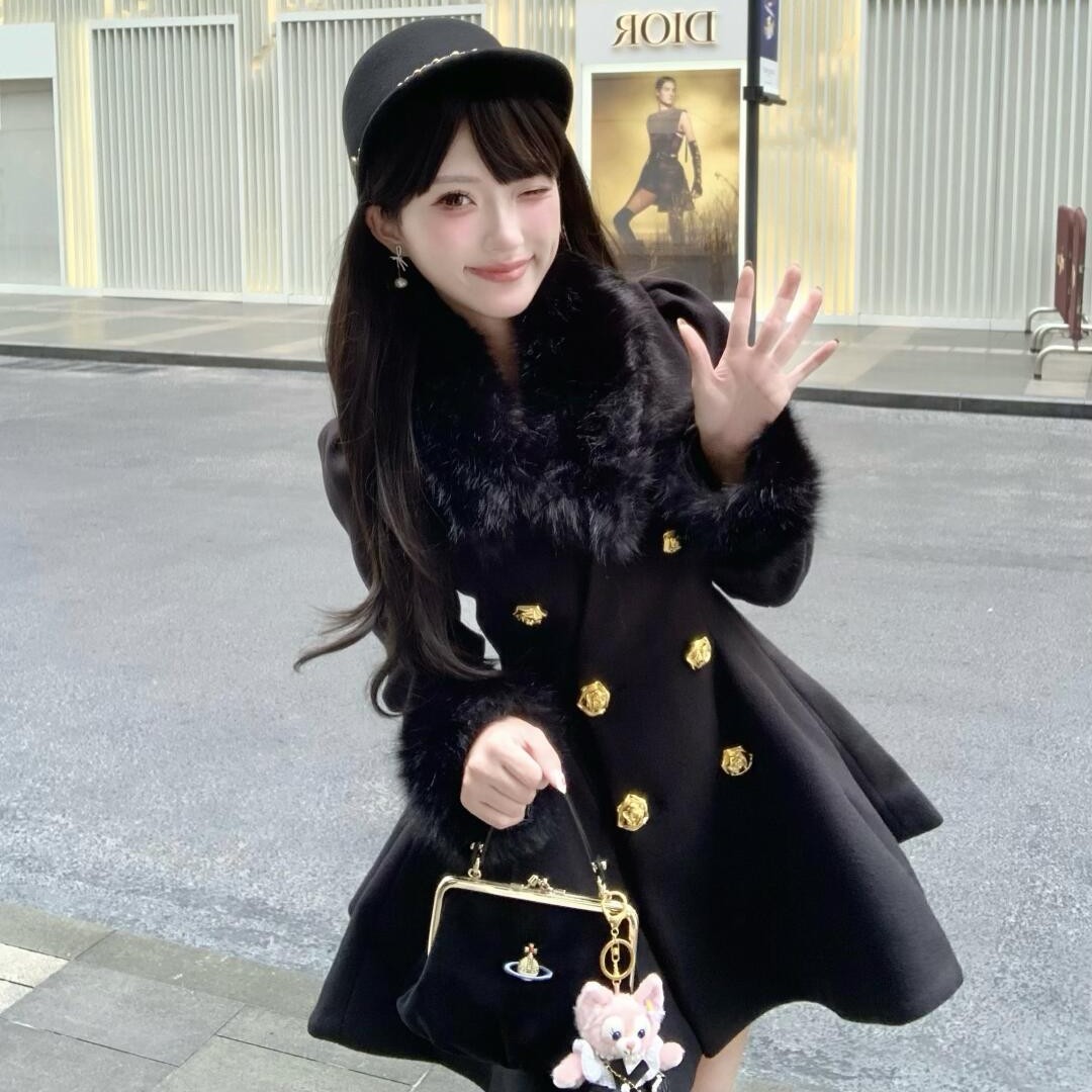 法式赫本风黑色外套女秋冬季收腰双排扣呢子大衣