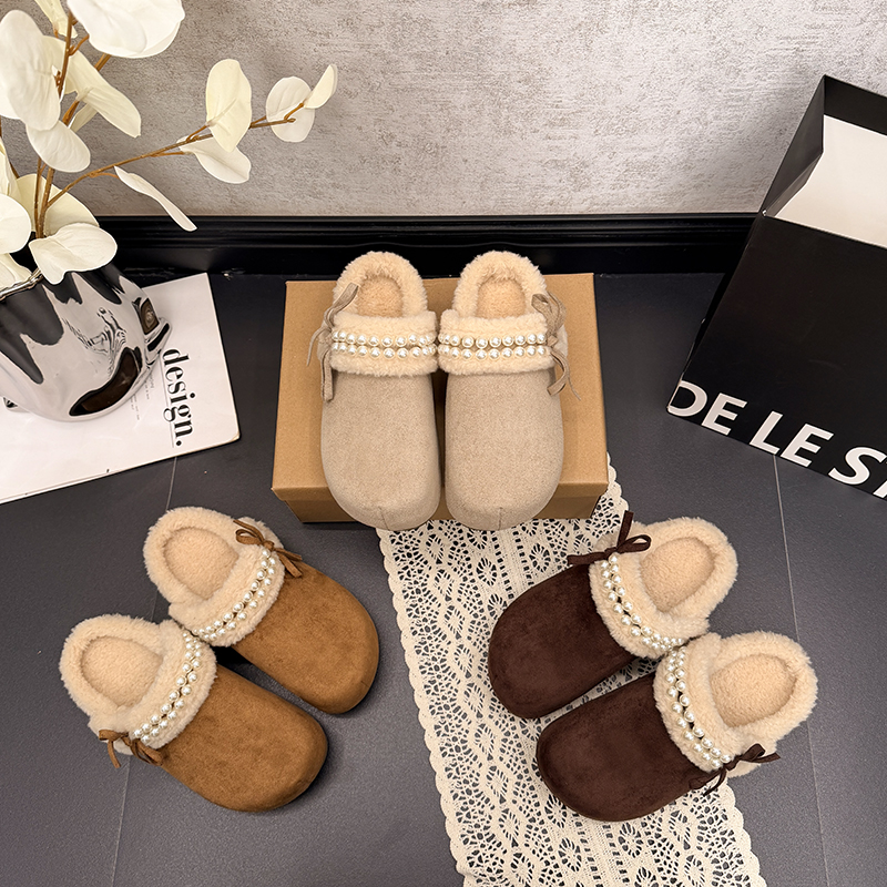 包头棉拖鞋女2025新款冬季加绒厚底内增高蝴蝶结珍珠百搭两穿单鞋