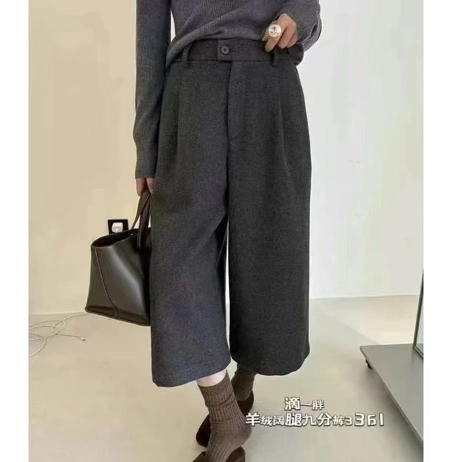 【倩倩专属】3361韩版时尚高腰显瘦加厚宽松复古直筒毛呢九分裤