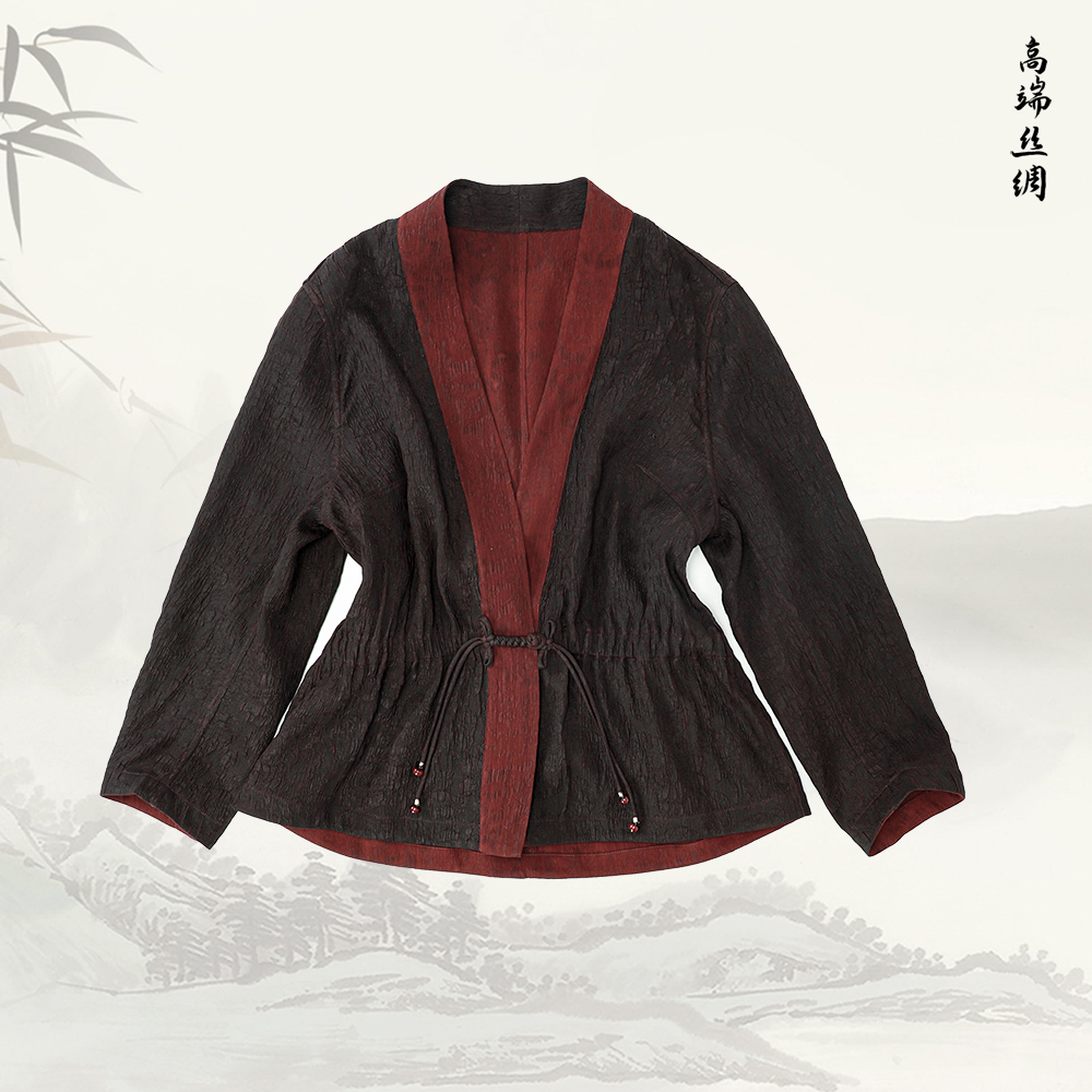 品牌新款桑蚕丝香云纱新中式长袖V领气质套装529410