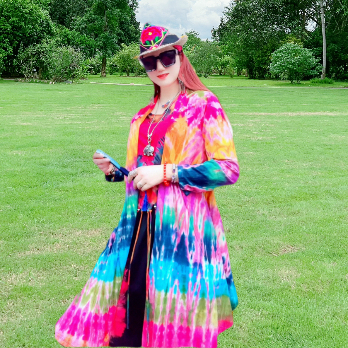 泰国手工扎染连帽中长外批（直播间选花型）