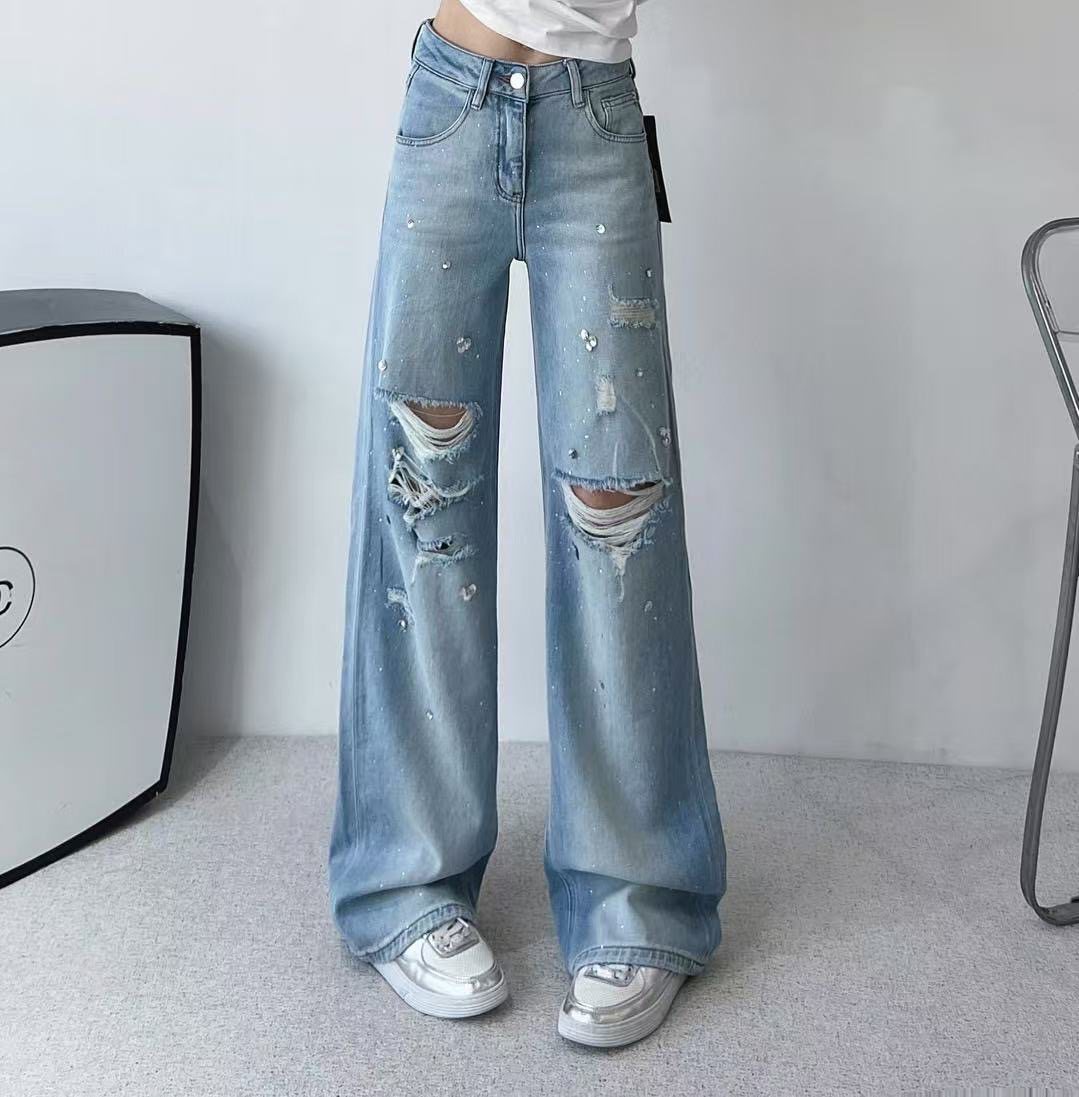 SR欧货春秋款<破烂直筒牛仔裤>软料显瘦牛仔长裤