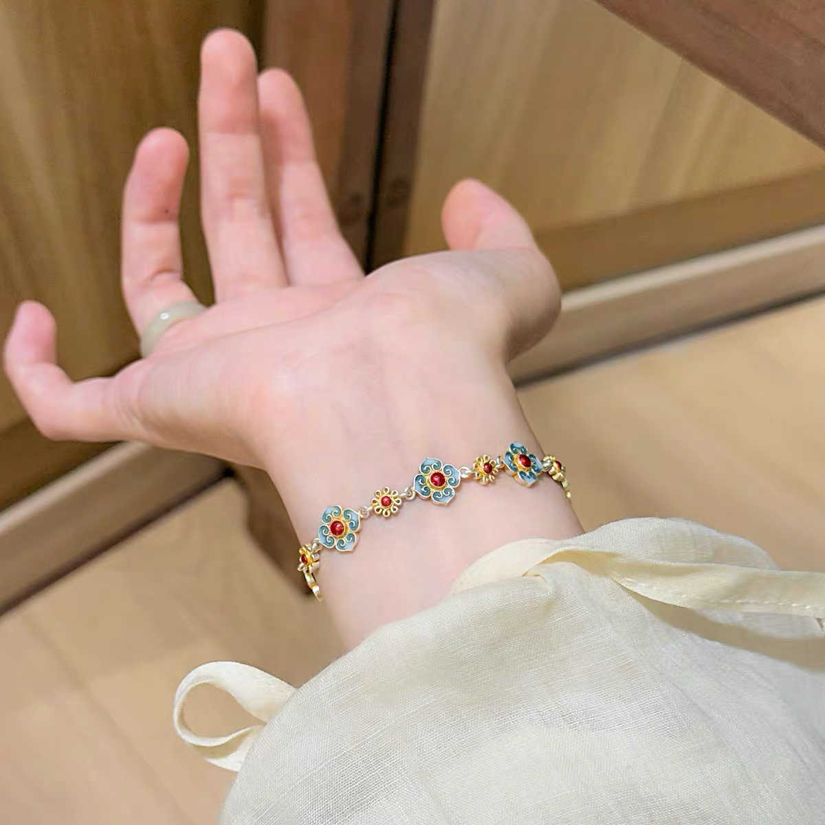 足银珐琅手链 云昭  银奶奶足银999.9新中式珐琅彩银手链