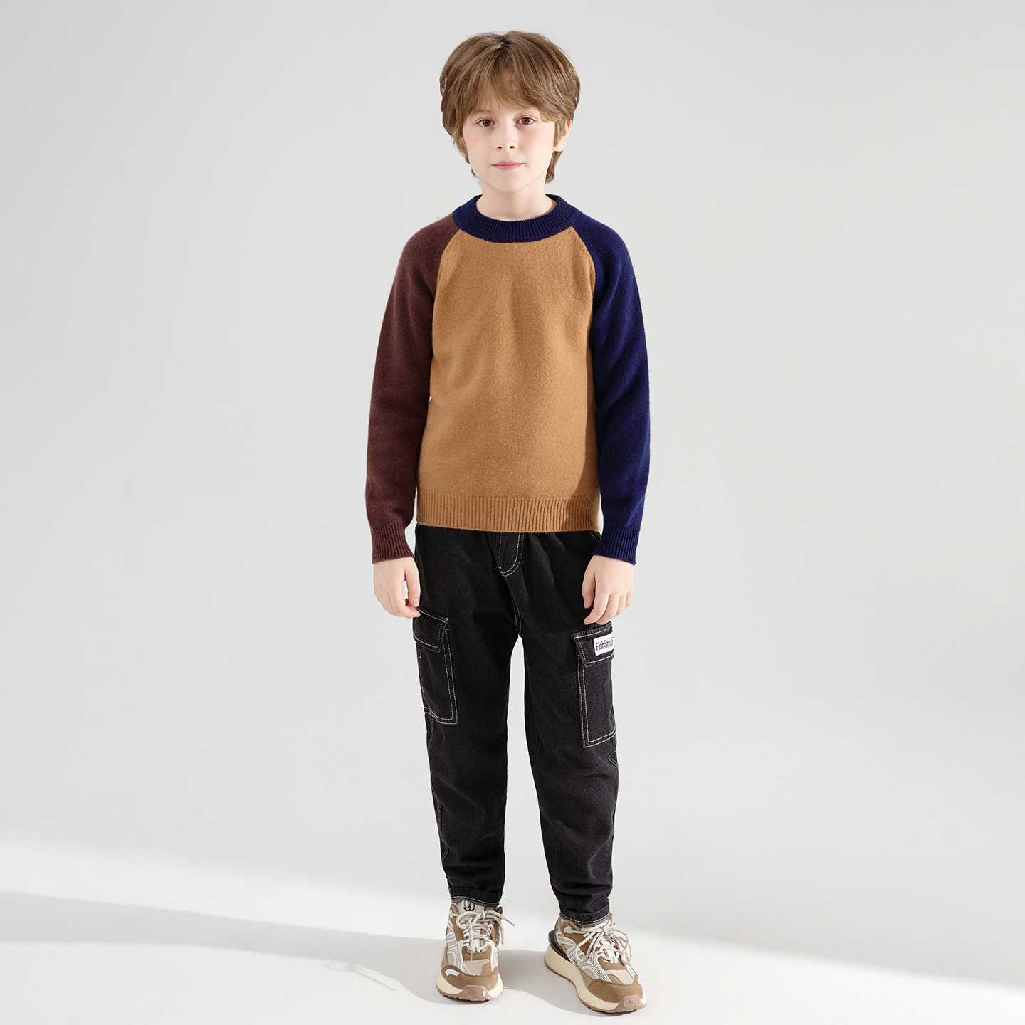 秋冬新款100%羊毛男女中大童圆领拼色套头针织打底衫毛衣