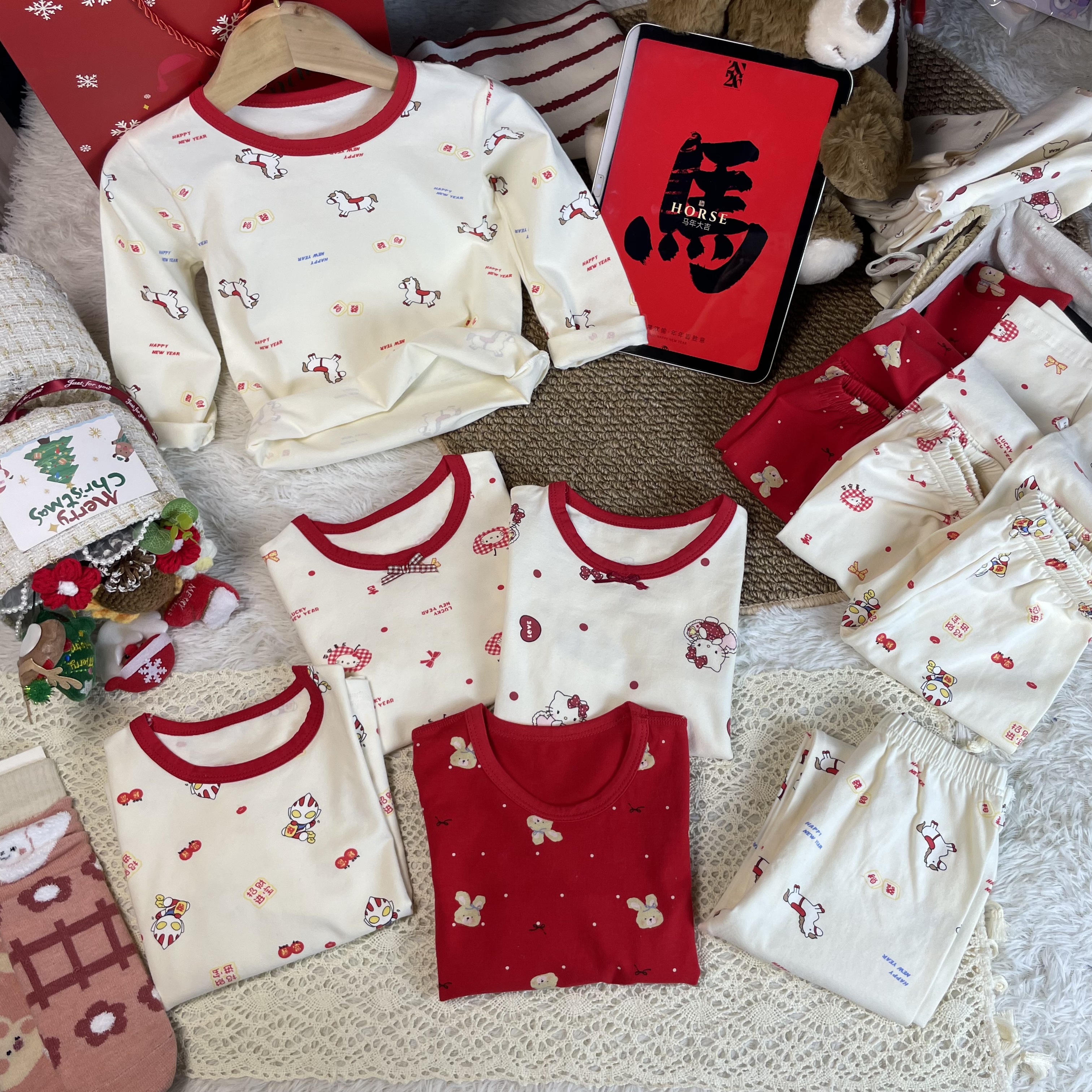 贺岁新年红色儿童纯棉莱卡内衣套装男童女童宝宝秋冬本命秋衣套装