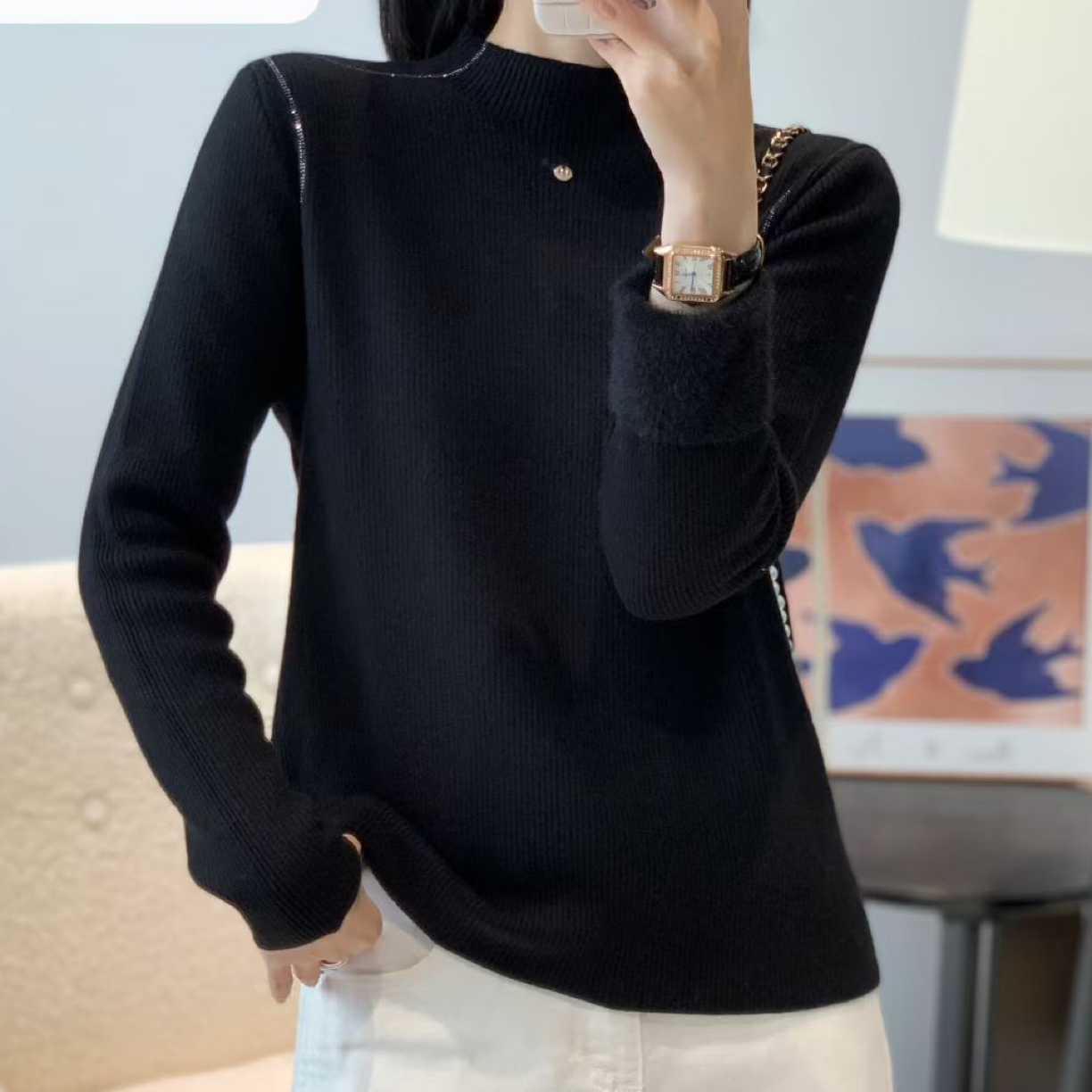 思丹家优选，秋冬新款半高领亮片拼接设计感长袖针织打底衫女