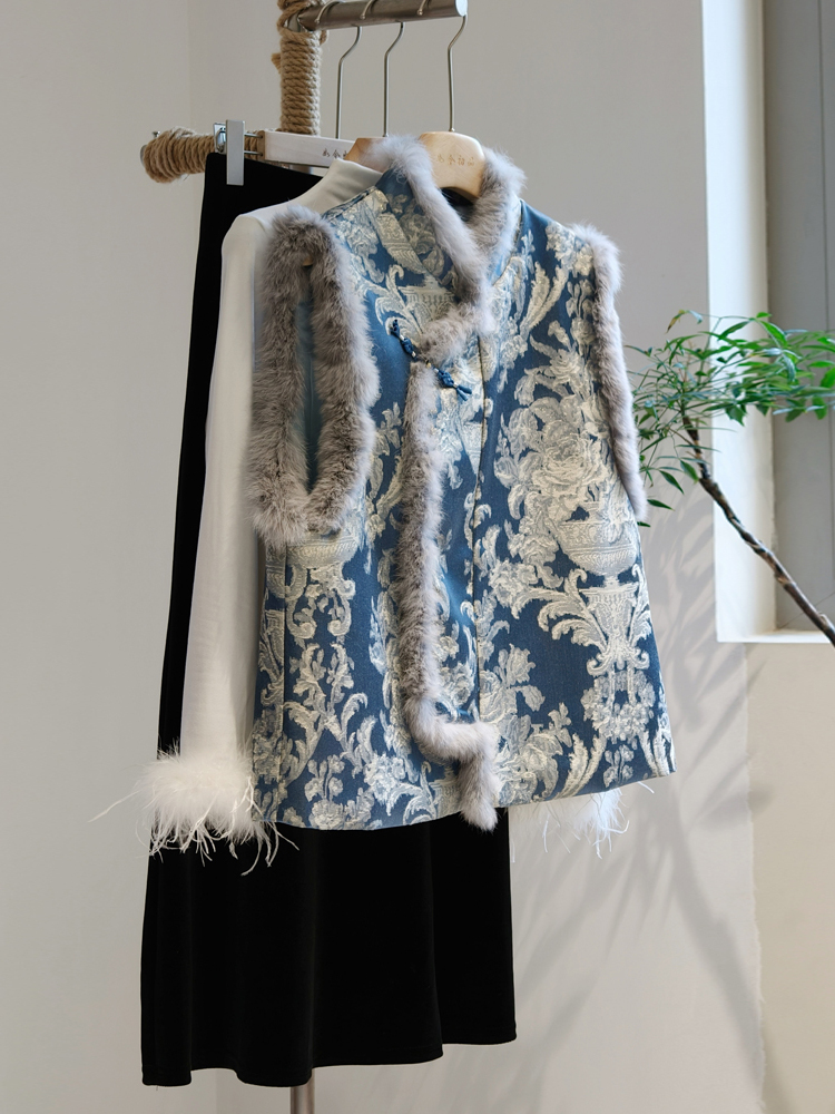 新中式蓝色斜襟马甲毛毛拼接夹棉加厚背心外穿国风无袖马夹上衣冬