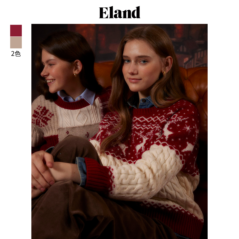 Eland衣恋毛衣女小鹿图案含绵羊毛保暖长袖毛衫25热销EEKWE4CQ92