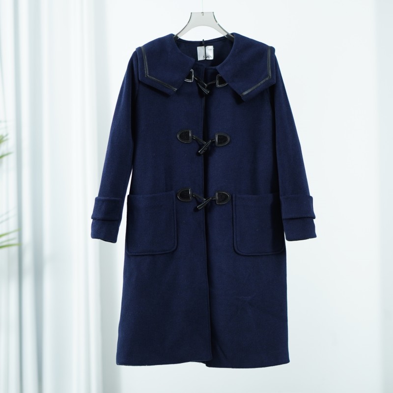 【诗M】S445-1  女装秋冬厚款牛角扣翻领双面呢长外套1553015